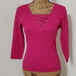SILKS Barbie pink lace tie detailed neck Stretch Med 3/4 length sleeve